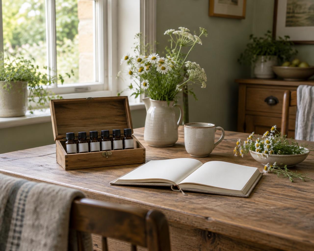 A homeopathy learning kit, notebook, and wildflowers on a cottage table